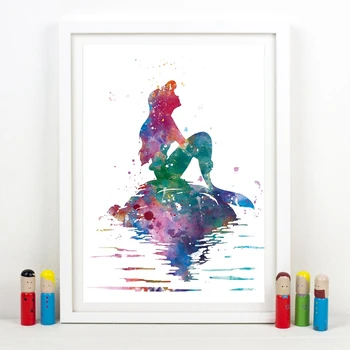 

Water color princess little mermaid poster kindergarten wall art picture canvas painting girl room wall decoration