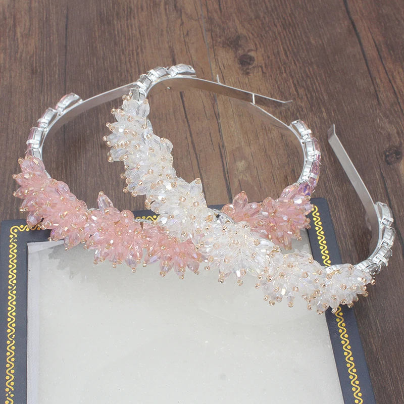 Baroque Fashion Handmade Personality Pink Transparent Crystal Flower Wild Geometric Headband Small Particles Luxury Headband