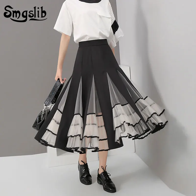 

2019 Mesh Spliced Pleated Perspective Loose High Waist Half-body Skirt Black Women Fashion Tide New Spring Autumn