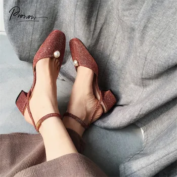 

Prowow Fashion Style Spring Summer Women Sandals Square Toe Pearls Buckle Strap Chunky Med Heel Women Sandals Party Shoes Woman