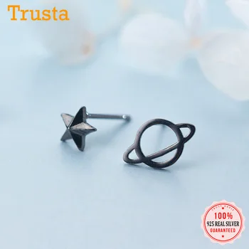 

Trusta 100% 925 Sterling Silver Jewelry Fashion Cute Tiny Black Asymmetric Universe Star Stud Earrings For Daughter Girls DS198