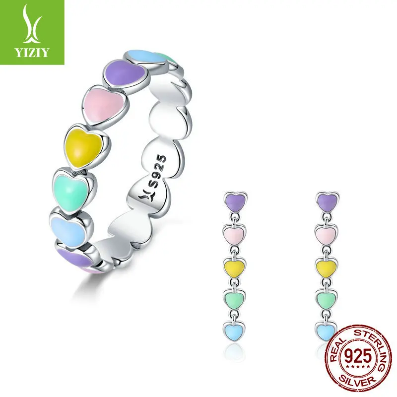 

Europe And America Fashion Parts Set Heart Shape Korean-style Simple Fashion Rainbow Heart Ring Earrings Ornament Set