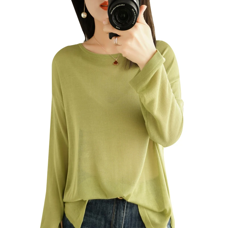 Suéter de punto con cuello redondo de manga larga para mujer, suéter de punto que combina con todo, ropa exterior holgada, microtransparente, Delgado, primavera y verano