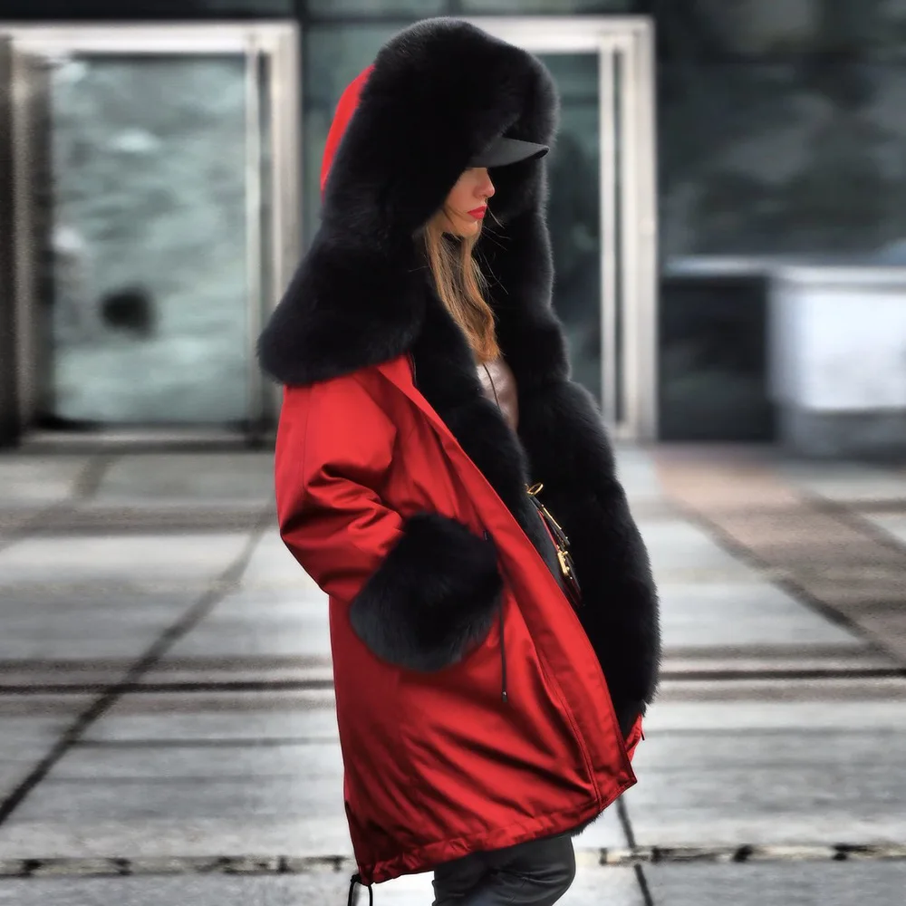 Женское пальто с меховым воротником, зимняя теплая куртка, пальто с капюшоном, красное пальто с длинным рукавом, модная женская верхняя одежда, высококачественное хлопковое пальто