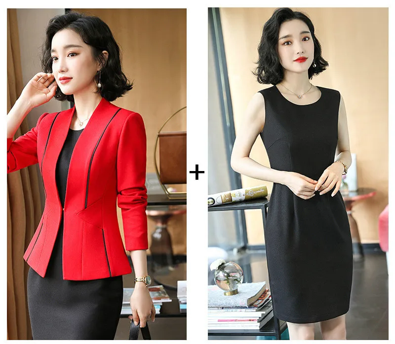 Red Black Dress Set Черный красный женский элегантный офисный Блейзер платье пиджак костюм Дамская офисная одежда наборы костюмы деловые платья комплект из 2 предметов - Цвет: Red Black Dress Set