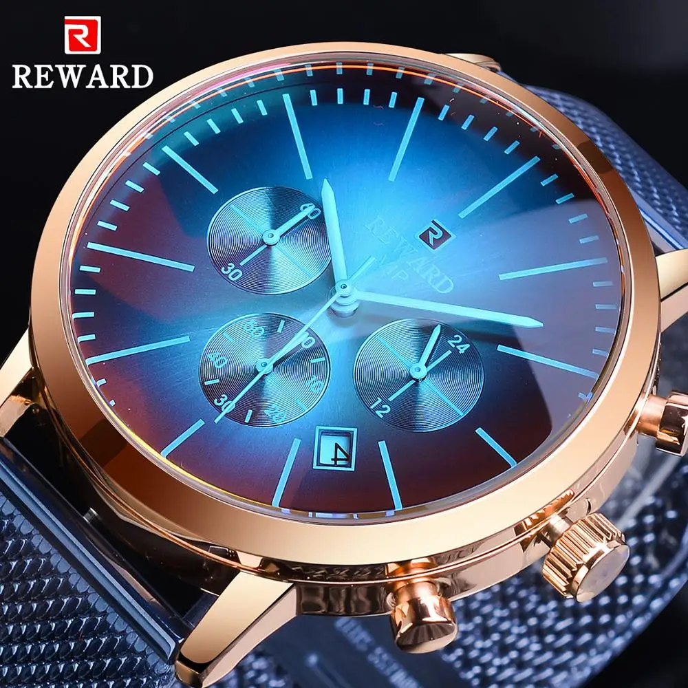 

REWARD Blue Steel Mesh Band Color Glass Design Three Dial Calendar Dispaly Men Business Male Quartz Wirst Watch Top Brand Luxury
