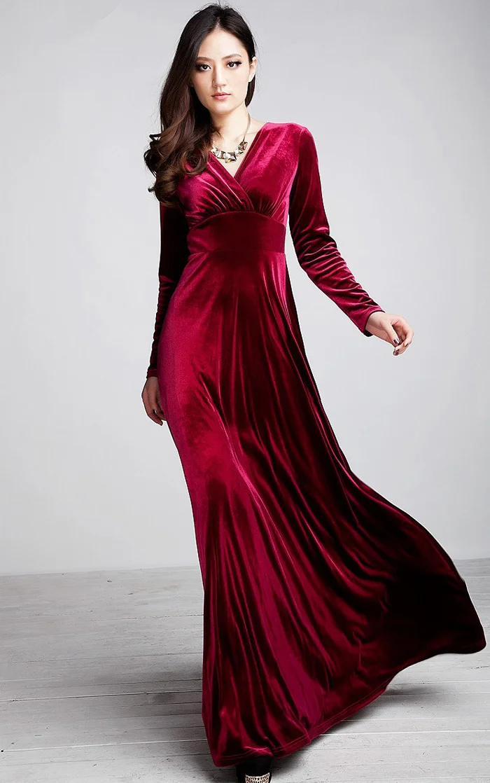 Размера плюс 4XL 5XL Для женщин зимнее платье с v-образной горловиной и длинными рукавами длинное бархатные платья, элегантные дамские официальная вечеринка красный платья
