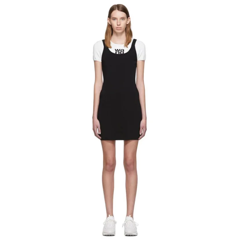 19ss AW King Mock двухсекционное платье с открытой спиной, трикотажное платье с коротким рукавом, черно-белая прошитая юбка-карандаш, Короткое облегающее платье