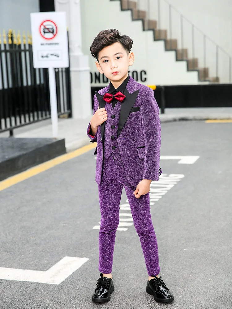 YuanLu Boys Suits Blazer Formal Coat Blazer Vest Pants For Wedding Party Piano Toddler Clothes Purple Kids Suits(2T-14 - Цвет: 5PCS