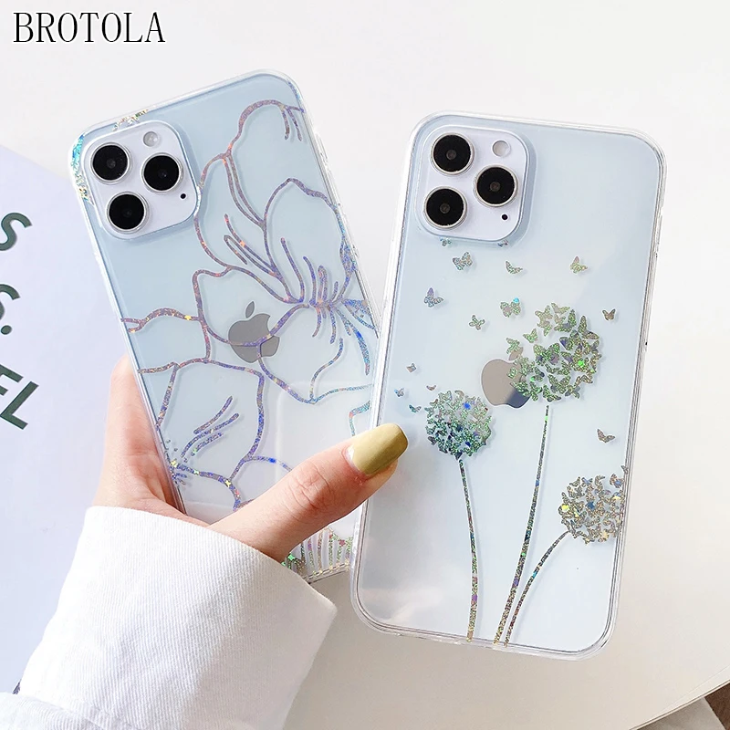 

For iPhone 12 Laser Dandelion Transparent Phone Case For Apple iPhone 11 Pro X XR XS Max 7 8 Plus Glitter Colorful Flower Cover