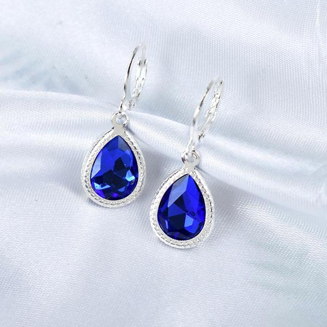Geometric Crystal Water Drop Earrings For Women Silver Color Red Blue Jewelry Bridal Gift Boucle D'Oreille Femme