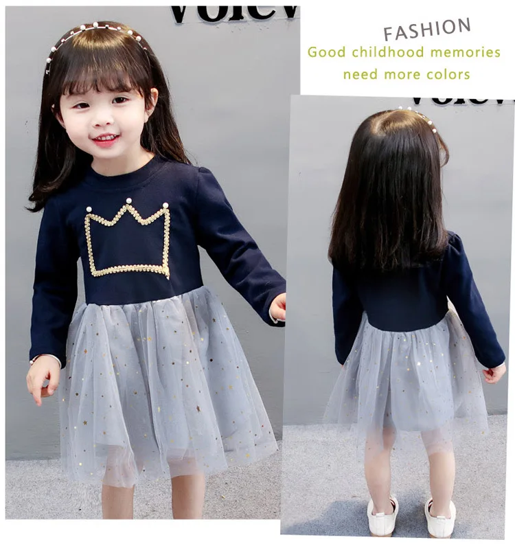 Autumn Baby Dress Long Sleeve Infant Dress Toddler Girls Princess Dresses Crown Solid Color Fashion Baby Girls Clothing Vestidos