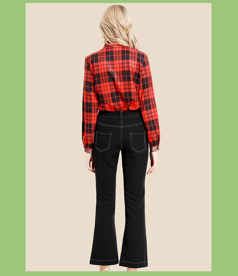 Весенние женские длинные черные штаны с жемчужинами и красная клетчатая рубашка с бусинами и отворотом, комплект из двух предметов, Женский офисный комплект