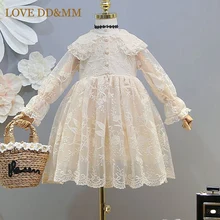 Платья для девочек с надписью «LOVE DD& MM» г. Модная детская одежда газовое кружевное платье принцессы с длинными рукавами и отложным воротником