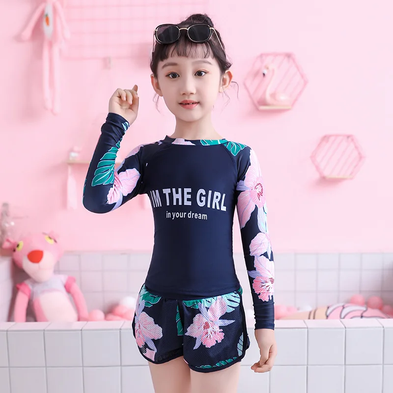 Детские купальники для маленьких девочек; комплект из двух предметов; одежда для купания с длинными рукавами и цветочным принтом; детские купальные костюмы