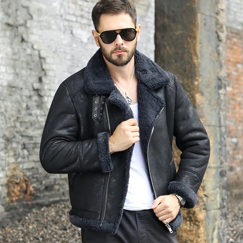 New Mens B3 Shearling Coat Black Leather Jacket Short Motorcycle Jacket Fashion Winter Coats Thicken Wool Coat men s leather gloves sheepskin real wool mittens women s authentic fur winter thicken windproof cold proof driving cycling
