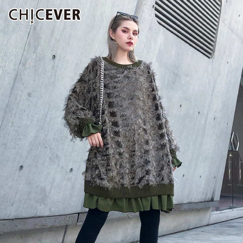 CHICEVER мозаичное яркое цветное платье с кисточками, футболка для женщин с круглым вырезом и расклешенными рукавами, повседневные рубашки больших размеров для женщин, Осенняя мода, Новинка