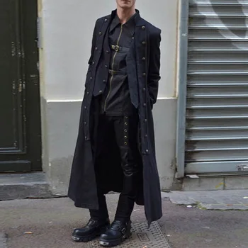 

2019 Vingtage Gothic Long Coat Retro Triple Breasted Long Jacket Men Autumn Fashion Steampunk Overcoat Outwear Solid Windbreaker