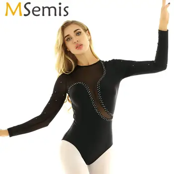 

MSemis Women Adults Long Sleeves Open Back Shiny Rhinestones Leotard Gymnastics Bodysuit Ballet Dancewear Lyrical Dance Costumes