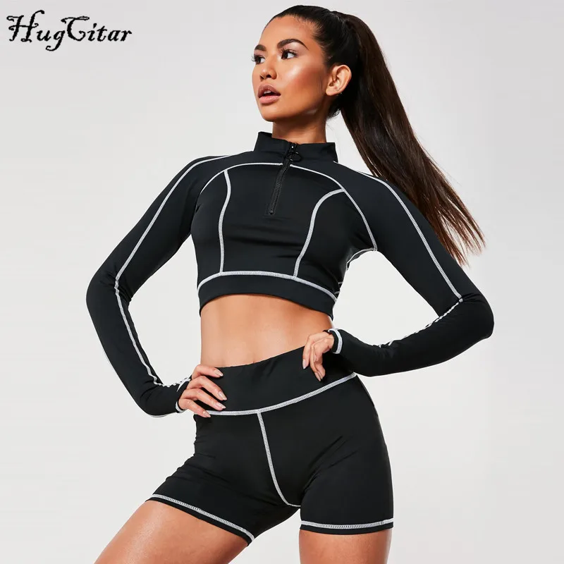 

Hugcitar 2019 long sleeve stripe line patchwork biker shorts 2 pieces set autumn winter women sporty tracksuit streetwear
