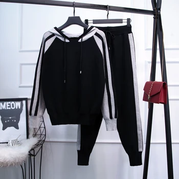 

HIGH STREET New Stylish 2020 Runway Suit Set Women's Hooded long sleeve top long Pants knitting Set