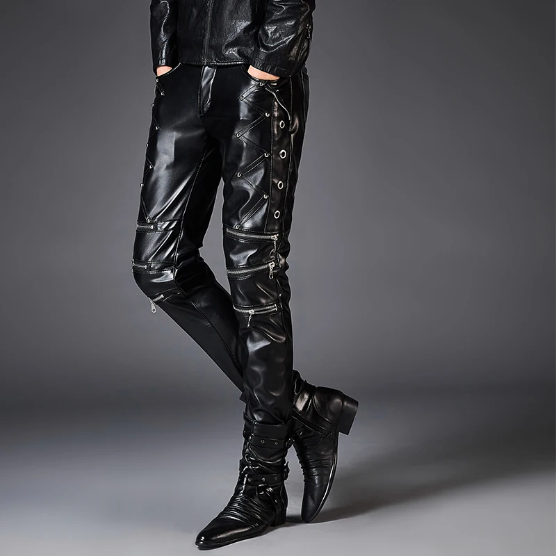 PU Faux Leather Pants For Men Brand Black Fashion Motorcycle Streetwear Punk Hip HOP Bike Trouesr | Мужская одежда