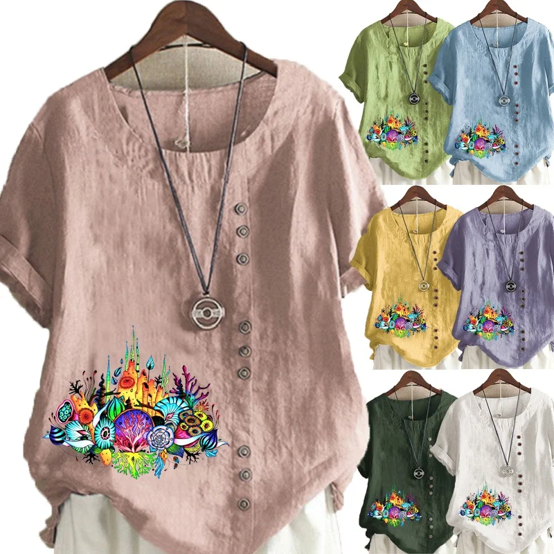 

Women's New Fashion Summer Floral Printed Round Neck Short Sleeve T-shirt Casual Loose Solid Color Blouse Tops Plus Size