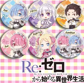 

6pcs/1lot Anime Life in a different world from zero Rem Emilia Ram Subaru Figure 5105 Badges Round Brooch Pin Gifts Kids Toy