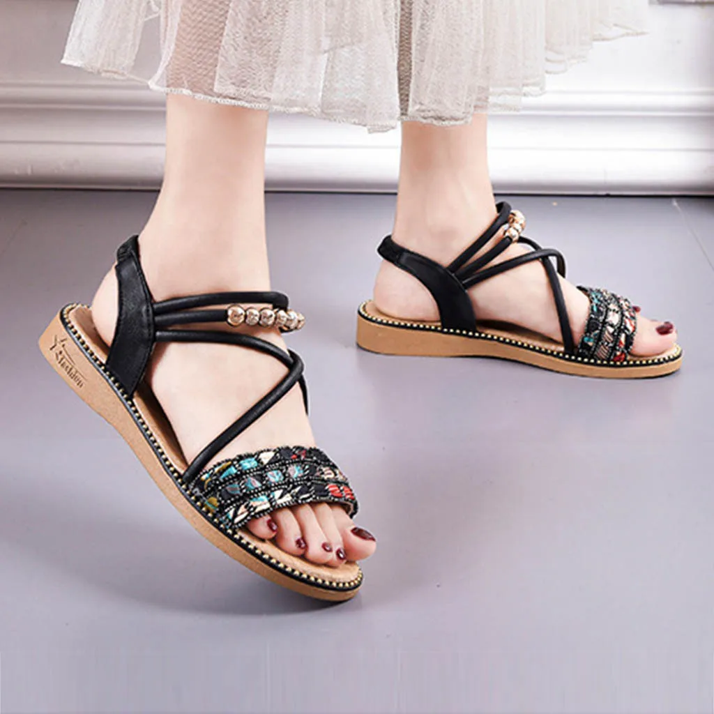 Модный стиль; летние модные сандалии на плоской подошве; женская повседневная обувь в римском стиле с бусинами; Летняя обувь на танкетке в британском стиле; 1 июля