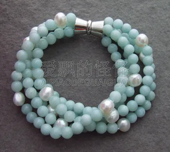 

B130729 5 Strands Light Blue Green J1ade White Round Pearl Bracelet