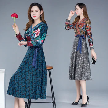

Loose Korean Casual Vintage Dresses V Neck Ethnic Style Plus Size Dress Summer Bow A-line Embroidery Fashion Dress