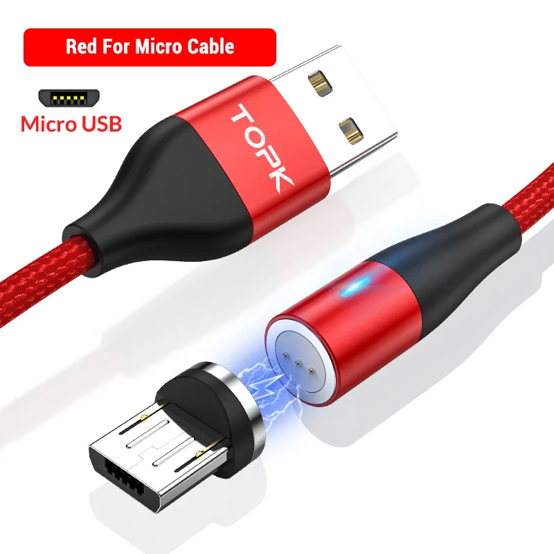 TOPK AM60 3rd Magnetic Micro USB Cable Nylon Fast Charge USB Data Cable for Xiaomi Samsung Huawei Magnetic Charging Cable - Цвет: Micro Cable (Red)