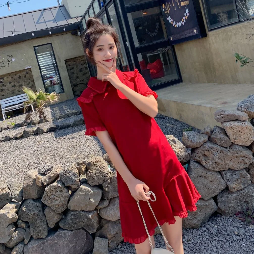 

Photo Shoot CHIC Non-mainstream First Love Vintage Red Color by Age Peter Pan Collar Short BF Loose-Fit Flounced Dress Women's