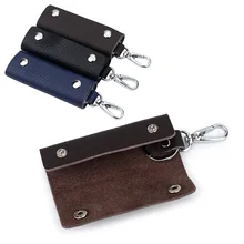 

Fashion Unisex Portable Simple Solid Color Key Case High Quality Leather Double Snap Button Handmade Durable Practical Key Case