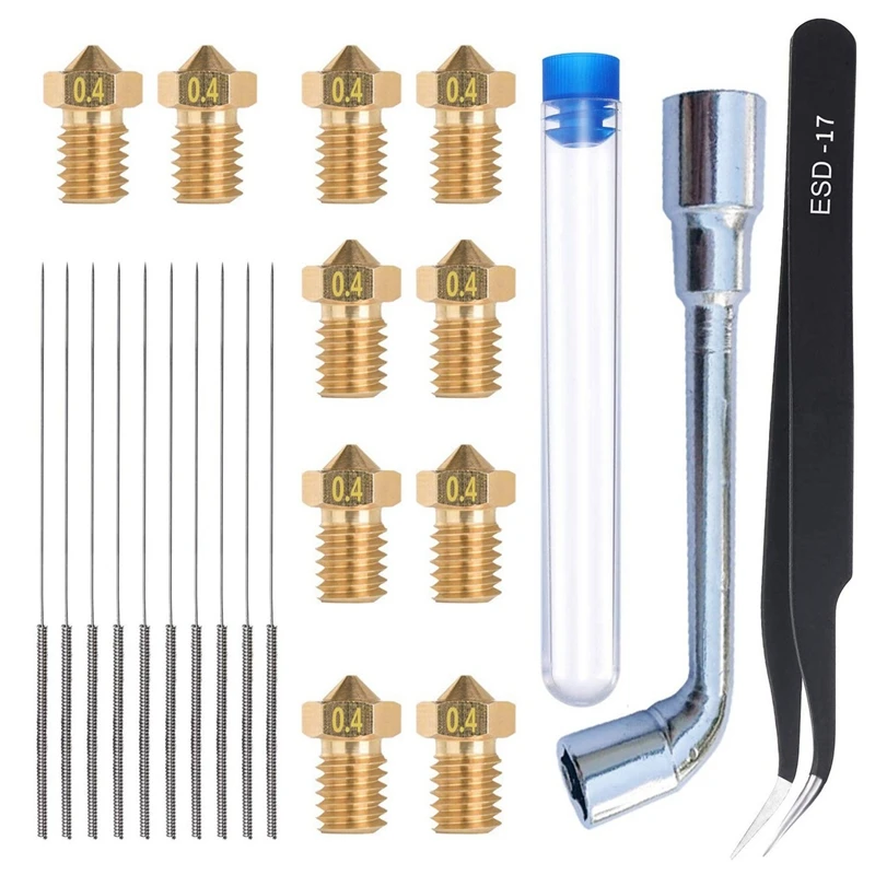 

23Pcs Nozzle Cleaning Kit 0.4mm E3D Nozzle 0.4mm Cleaning Needle Tweezers Wrench for 3D Printer