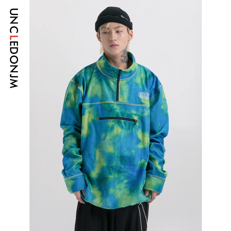 

UNCLEDONJM Tie Dye Front Half Zipper Men's Sweatshirt Fleece Pullover Sweatshirts Men 2Colors 625W