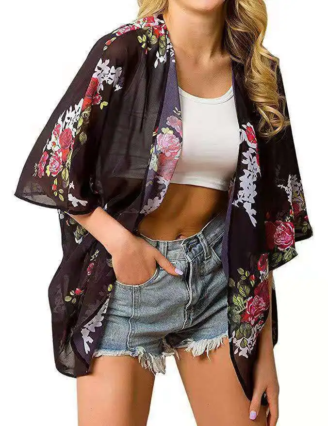 Printed Short-sleeved Large Size Women's Cardigan Chiffon Blouse Solid Color Printed Summer Beach Cropped Sleeves