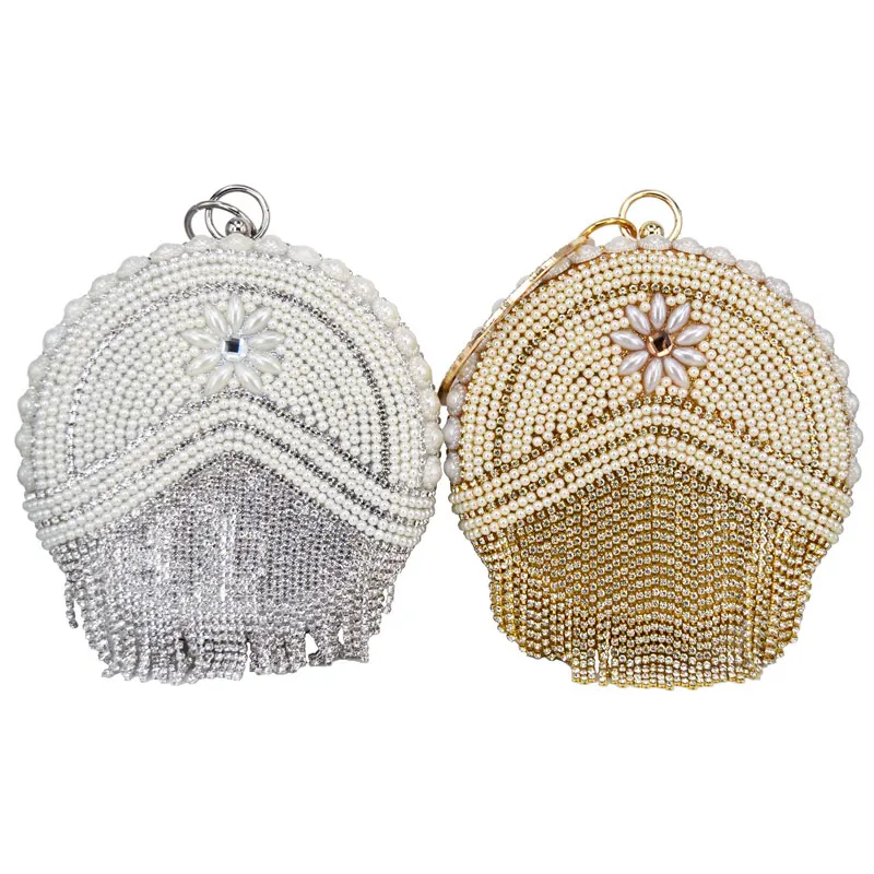 Sparkling Circular Gold Women Crystal Evening bags Elegant Tassel ChainShoulder Handbag Bridal Purse Wedding Clutches