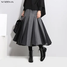 Wreeima, серая Осенняя Женская Длинная шерстяная юбка, модная базовая шерстяная юбка с высокой талией, женские плиссированные эластичные Юбки-миди трапециевидной формы