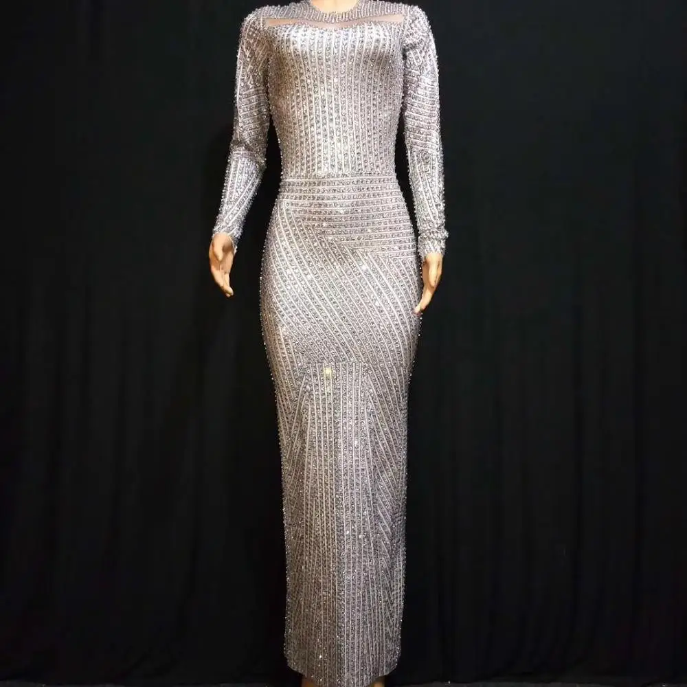 

Women's Elegant Shining Rhinestone Slit Long Sleeves Slim Ankle Length Dress Party Female Singer Skinny Performance Costumes