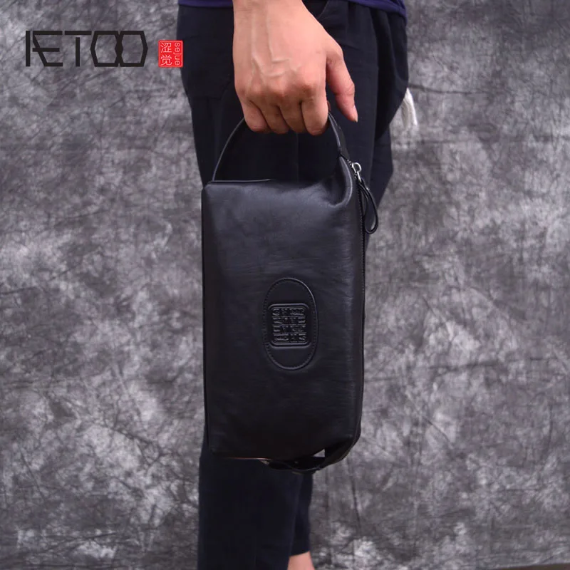 

BJYL Hand bag men's leather retro Chinese style clutch bag casual men's first layer leather mobile phone bag