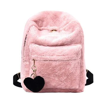 

BEAU-Women Soft Faux Fur Plush Backpack Shoulder Bag Fluffy School Bag with Heart Pendant (Pink)