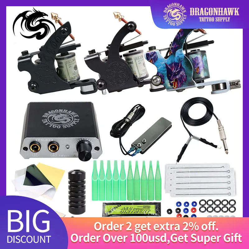 Online Anfänger Komplette Tattoo Kit 2 Maschinen Gun Set Netzteil Griffe Körper Kunst Werkzeuge Set Permanent Make Up Tattoo set