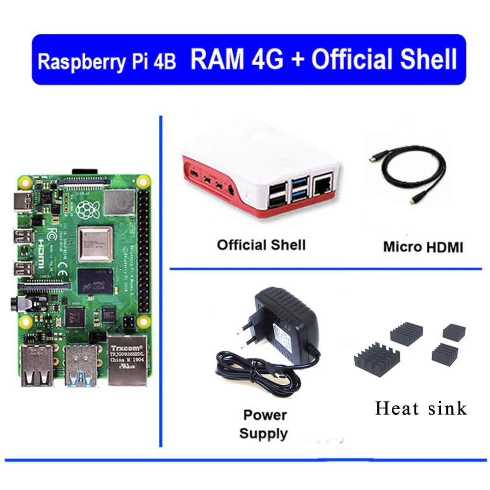 Original Raspberry Pi 4 Model B 4B with RAM 4GB 1.5GHz 2.4 / 5.0 GHz WIFI Bluetooth 5.0 Case Coolin