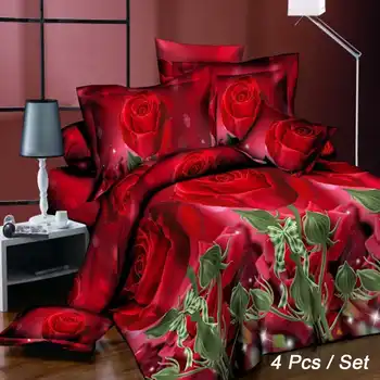

4Pcs Luxury 3D Rose Bedding SetS Red Color Bedclothes Comforter Cover Set Wedding Bed Duvet Quilt Cover Pillowcase