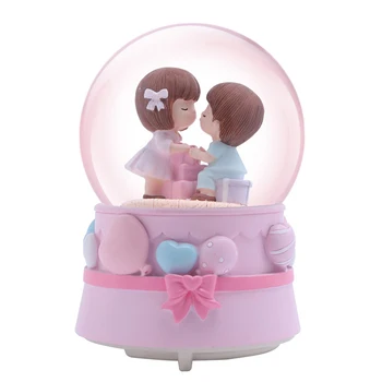 

Romantic Pink Love Heart Crystal Ball Home Decoration Figurine Boy & Girl Music Box Resin Ornament Party Decor Miniature Model