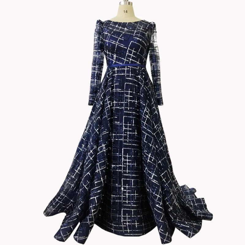 Длинные рукава темно-синие мусульманские кружевные вечерние платья Vestidos Largos Elegantes