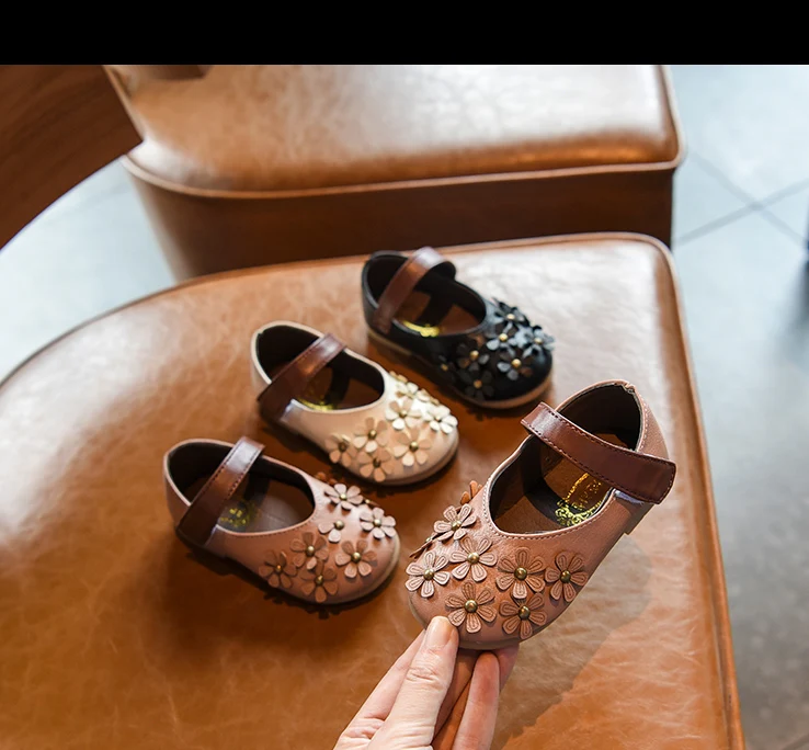 Bakkotie New Kids Black Pu Leather Shoes Baby Girls Autumn Sweet Flowers Pink Mary Jane Flats Toddler Fashion Dress Shoes