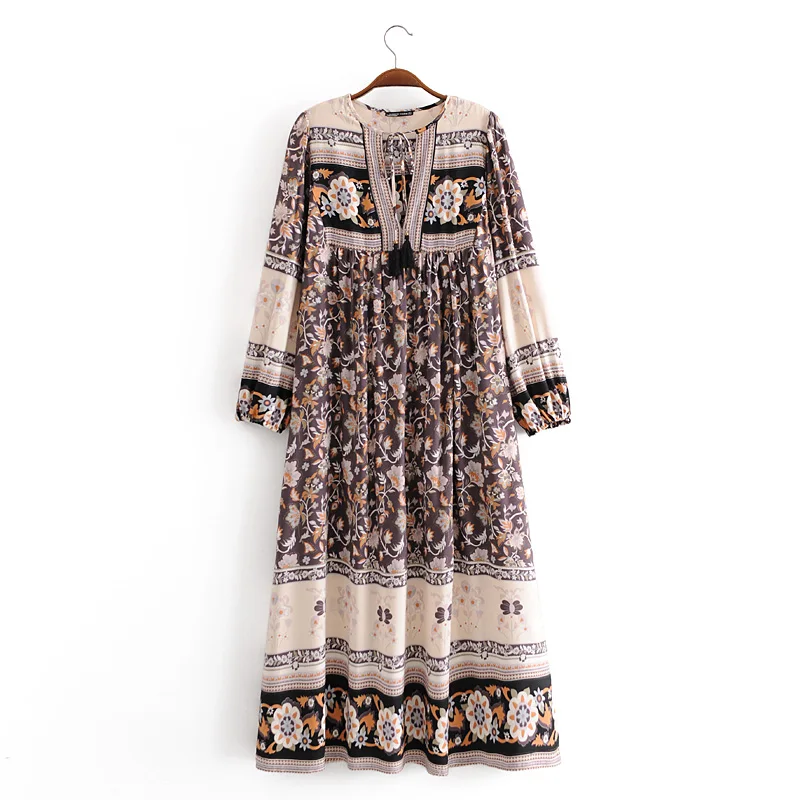 Vintage chic women long sleeve neck tie Ethnic grey floral print beach Bohemian maxi dress Ladies rayon Boho dress vestidos