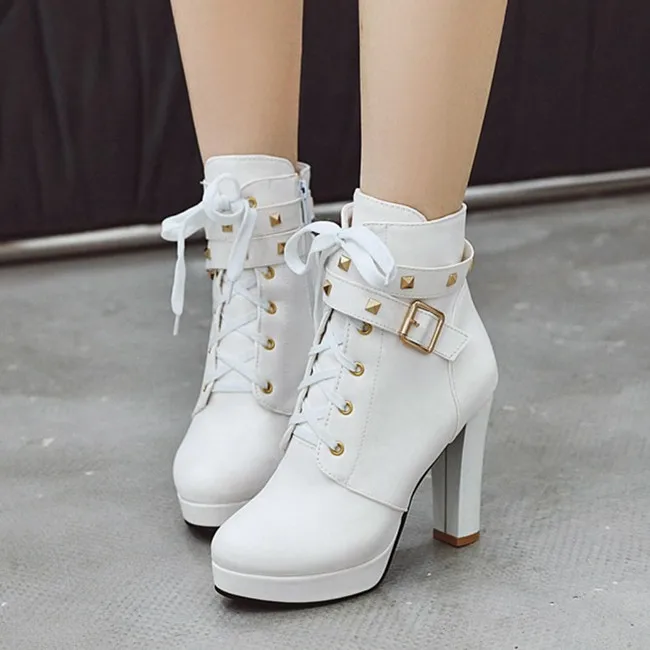 

PXELENA Drop Ship Rivet Women Punk Gothic Boots Super High Heels Buckle Lace Up Autumn Winter Martin Boots Wedding Shoes White